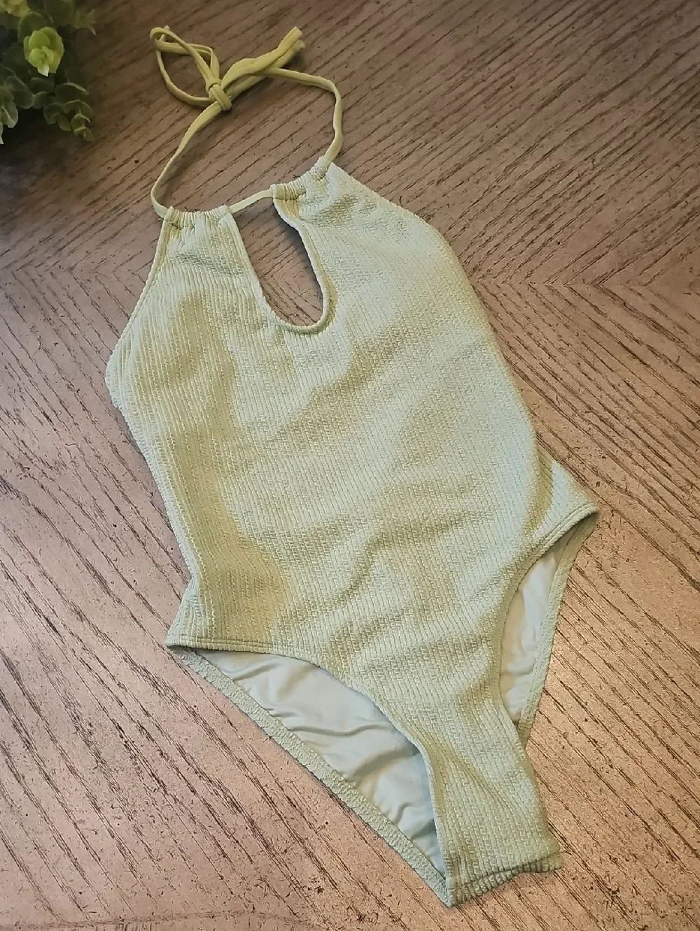 Roxy Light Green Ribbed Halter One-Piece Swimsuit XS